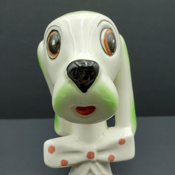 Kitschy Green & White Dog Figurine Anthromorphic Japan Dog with Bowtie Statue - Picture 5 of 9